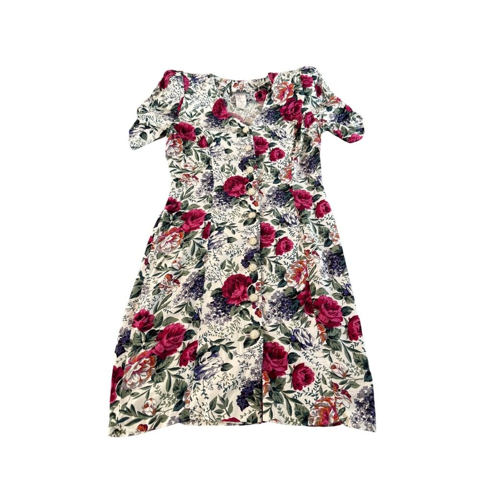 All that Jazz Floral Button Front Mini Dress Puff Sleeve White Red 80 SZ 7/8 - Picture 2 of 13